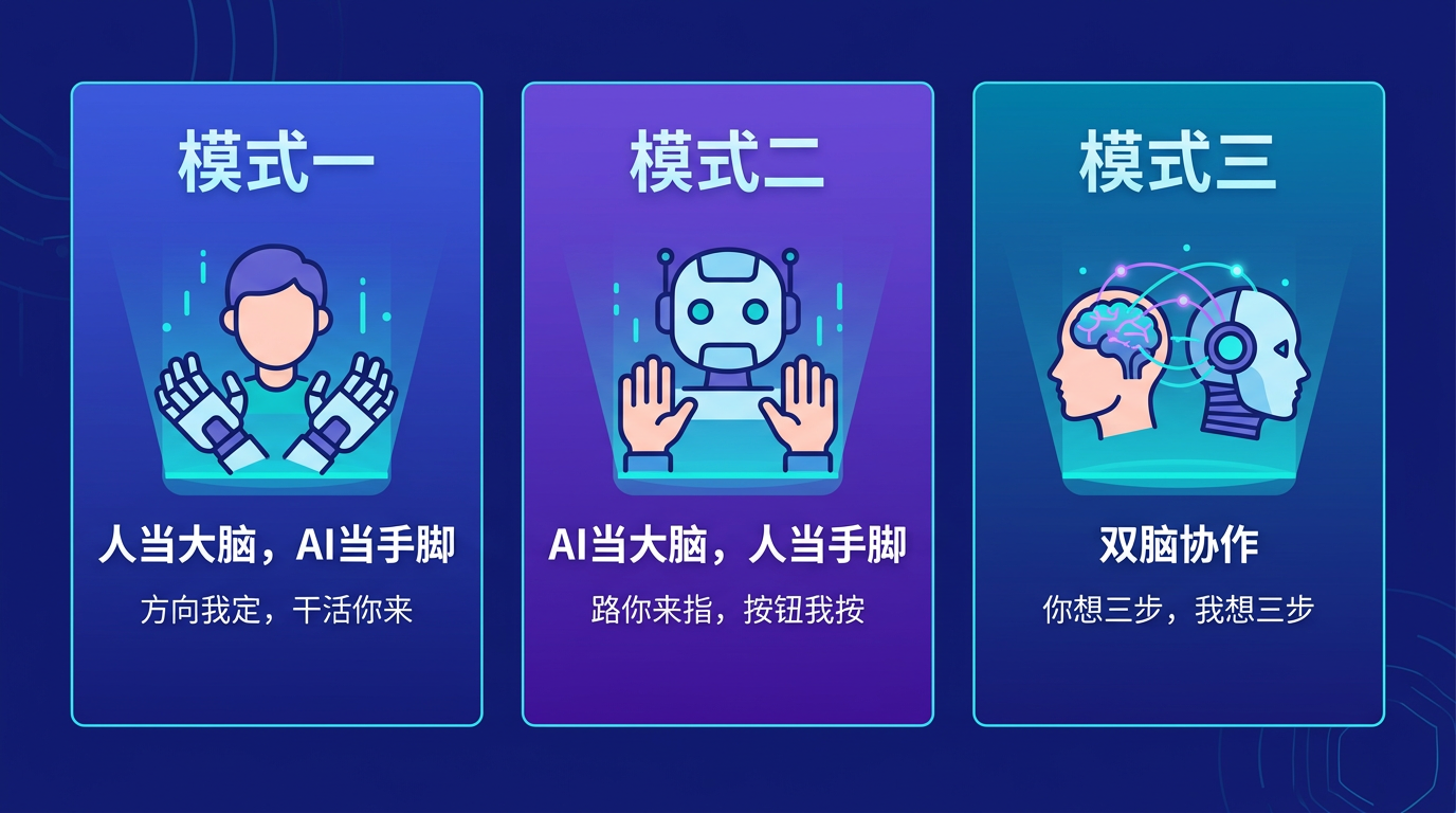 三种协作模式：人脑+AI手 / AI脑+人手 / 双脑协作