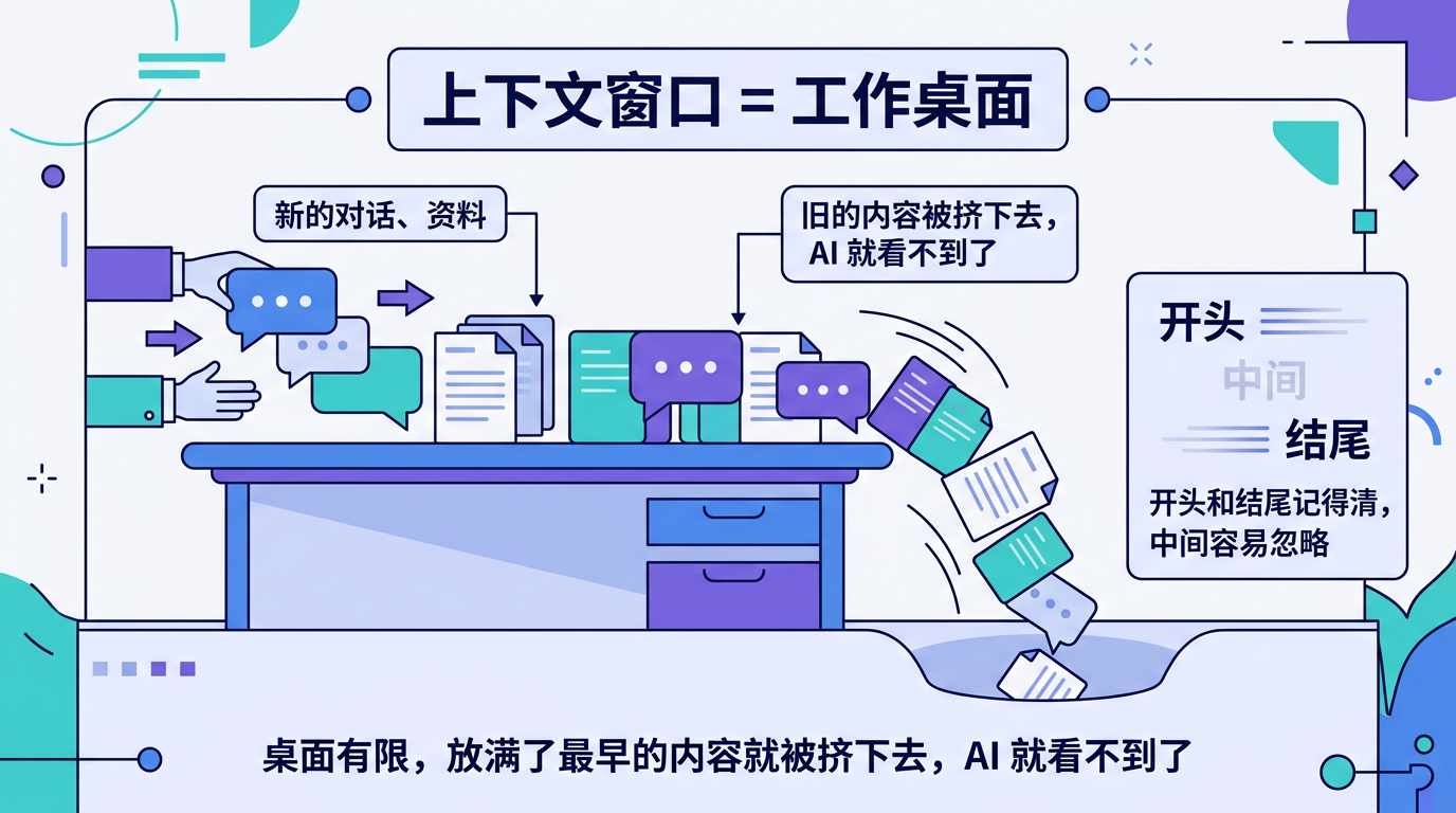 上下文窗口像工作桌面，放满后旧内容被挤掉