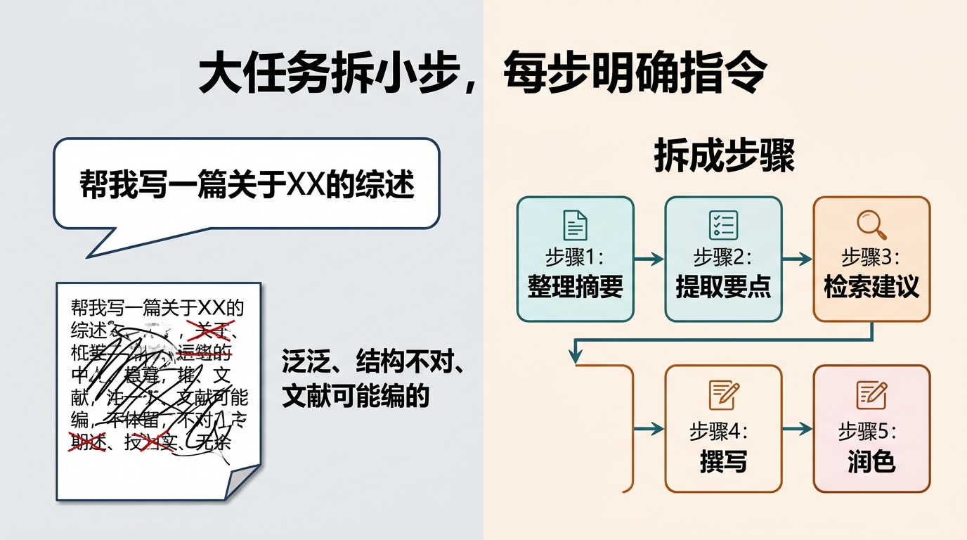 大任务拆成小步，每步明确指令，上一步输出作下一步输入