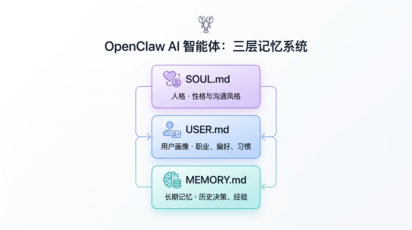OpenClaw 三层记忆系统：SOUL.md（人格）、USER.md（用户画像）、MEMORY.md（长期记忆）